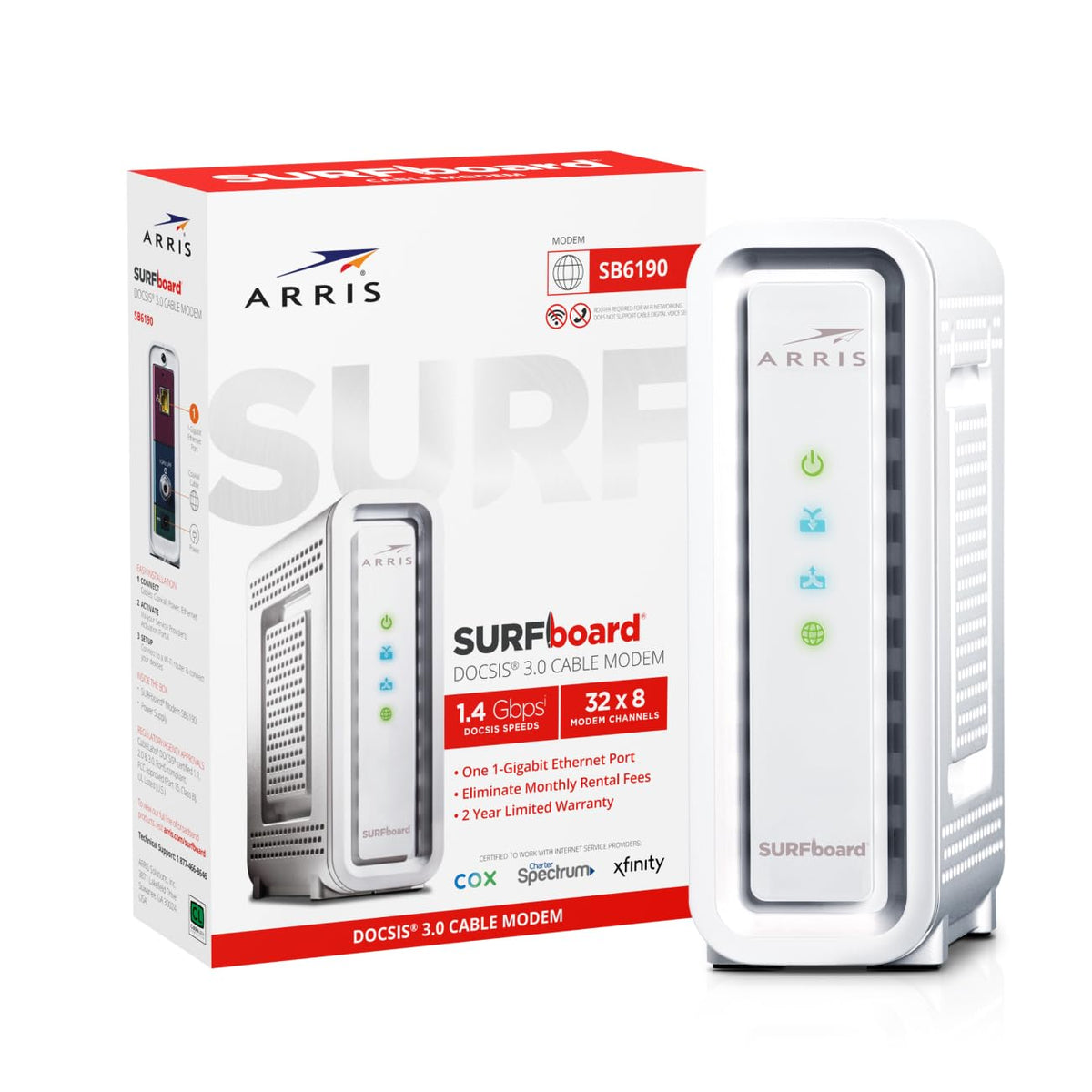 Commscope ARRIS SB6190 side label and warranty sticker for buyer reassurance