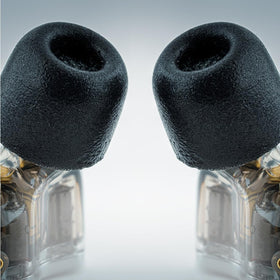 COMPLY 600 Core Series memory foam ear tips attached to an earbud for quick replacement