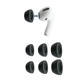 Comply memory foam tips on AirPods Pro Gen 1–2 demonstrate secure, comfortable fit.