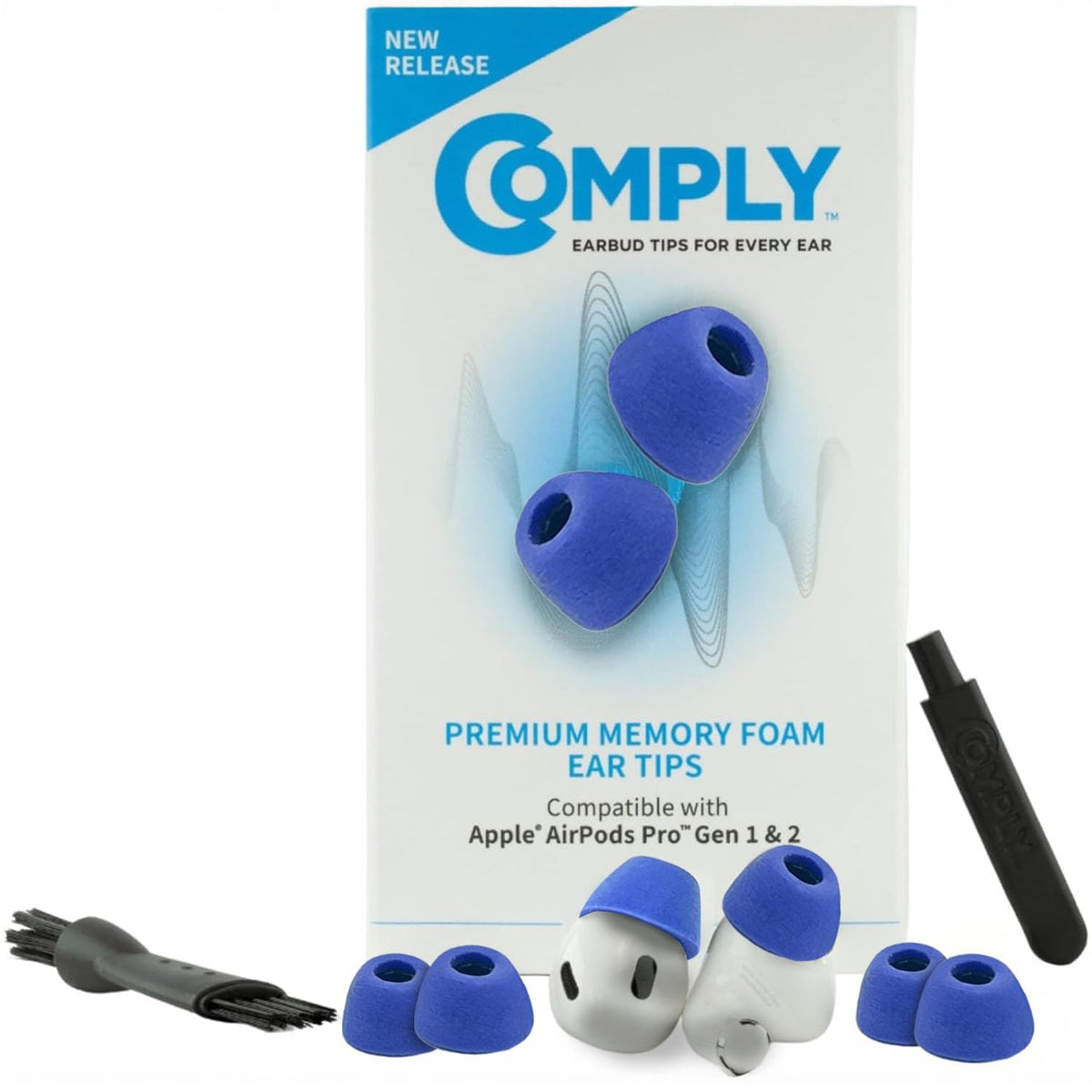 COMPLY front packaging showing blue small tips and secure fit benefit