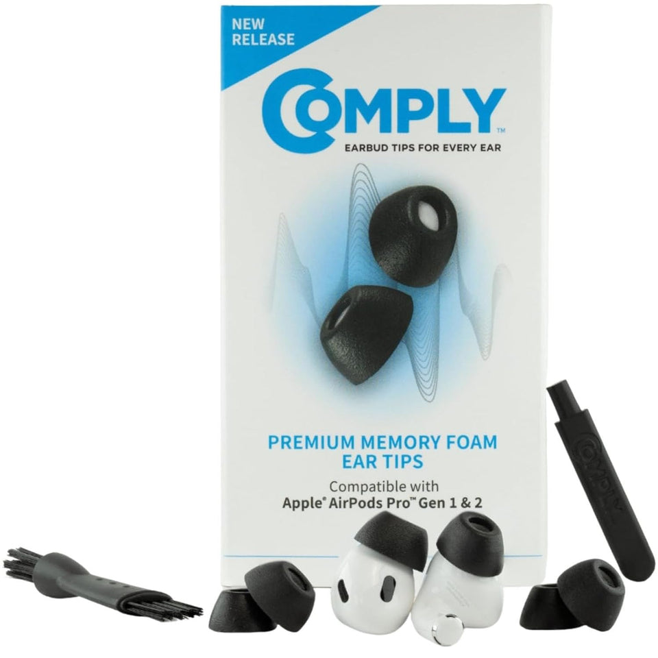 COMPLY front packaging showing three pairs and benefits, comfortable fit