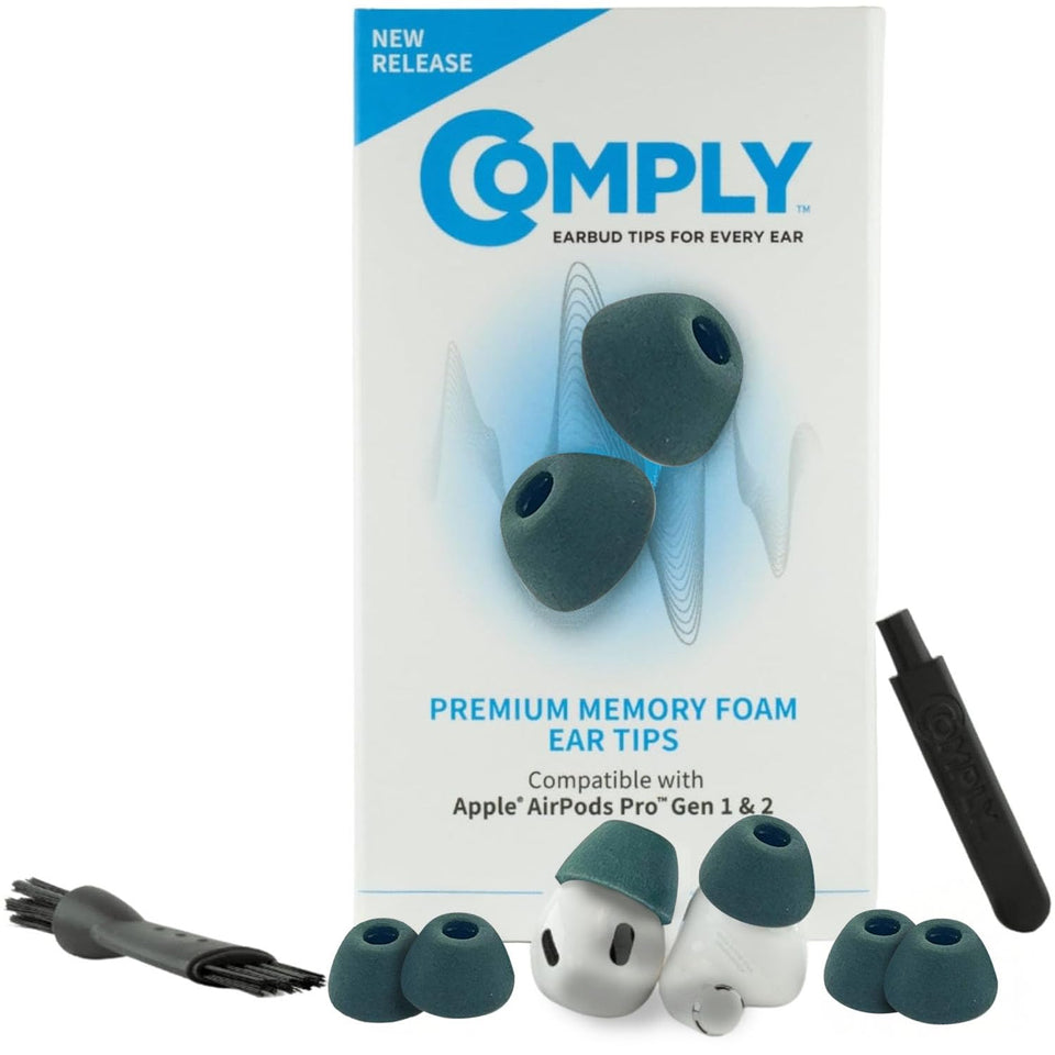 COMPLY front packaging showing three small green pairs and benefits