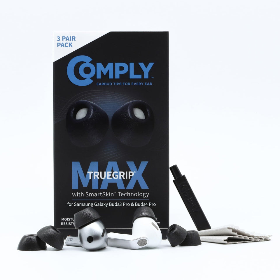 COMPLY front packaging showing three pairs and accessories for durability benefit