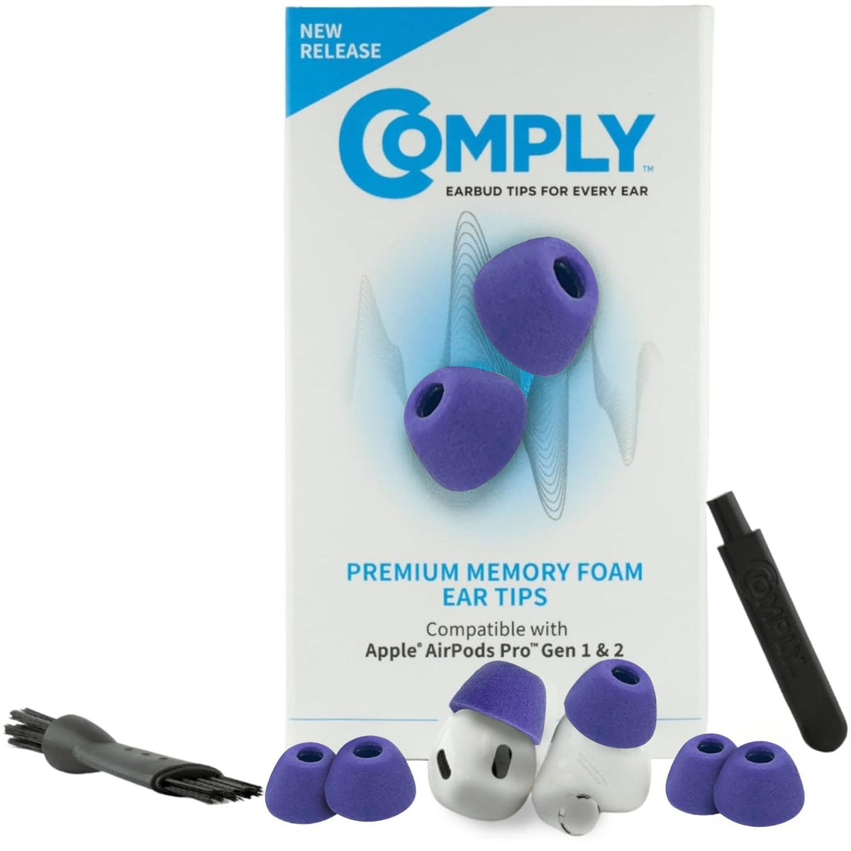 COMPLY front packaging showing purple small tips and clear benefits