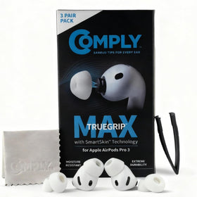 COMPLY front packaging showing TrueGrip MAX tips and sizing — confident protection