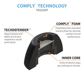 In-ear insertion shows Comply tips achieving secure fit during workouts