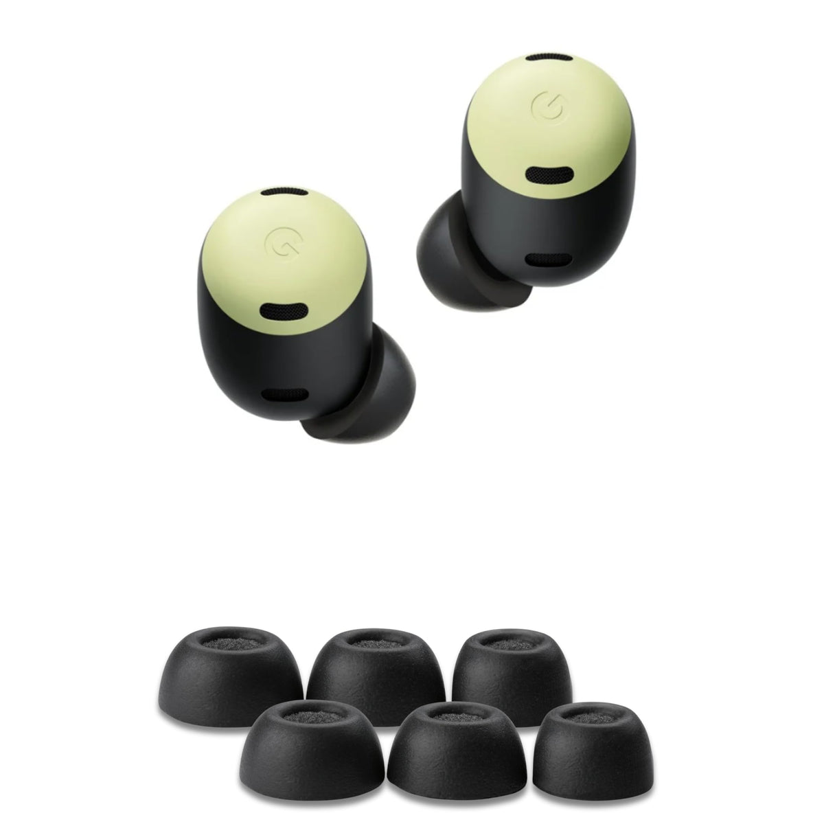 COMPLY memory foam tip close-up for Pixel Buds Pro; secure, comfortable fit.