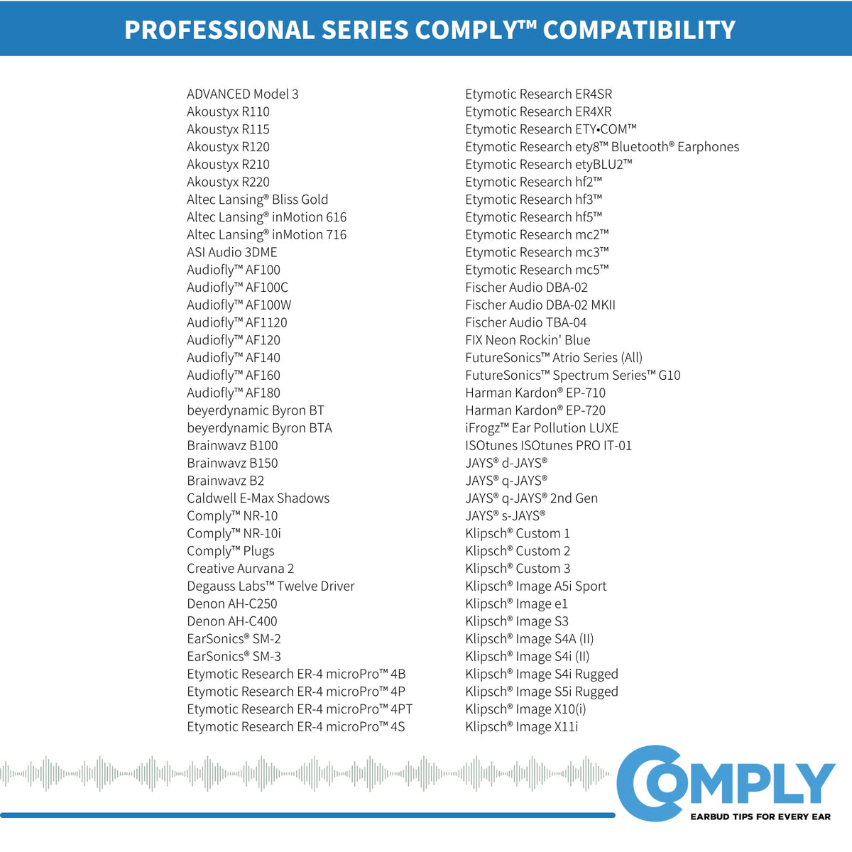 Comply P-Series compatibility logos emphasize cross-brand compatibility for many earbuds.