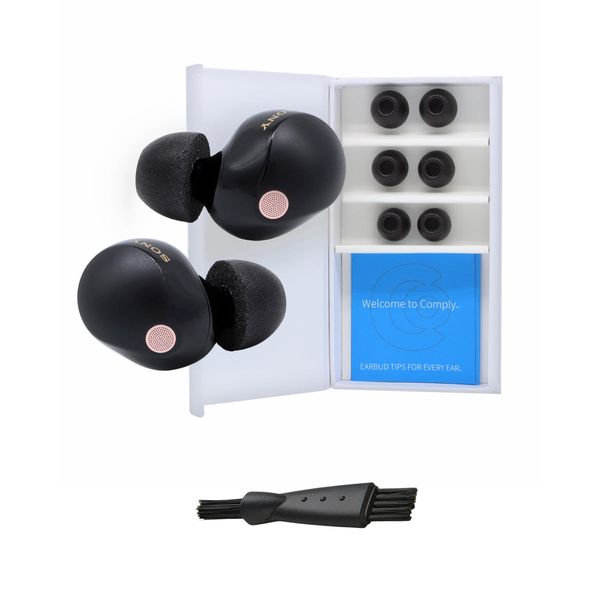 COMPLY TrueGrip front packaging view showing included tips and brush