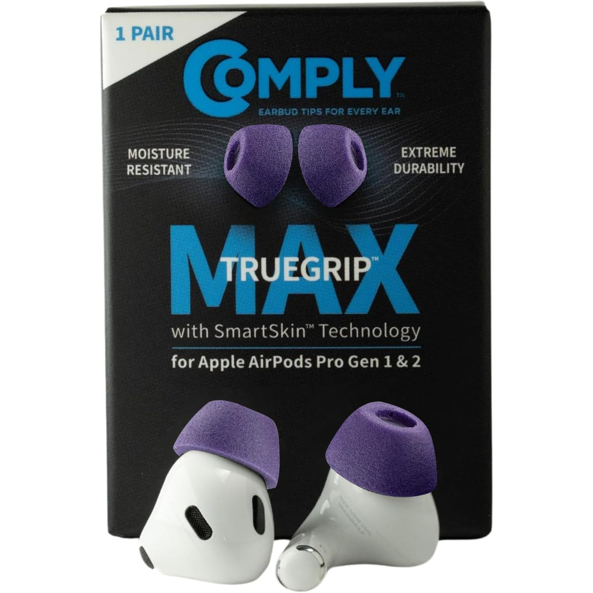 COMPLY TrueGrip MAX eartip closeup highlights soft memory foam for a secure, comfortable seal.
