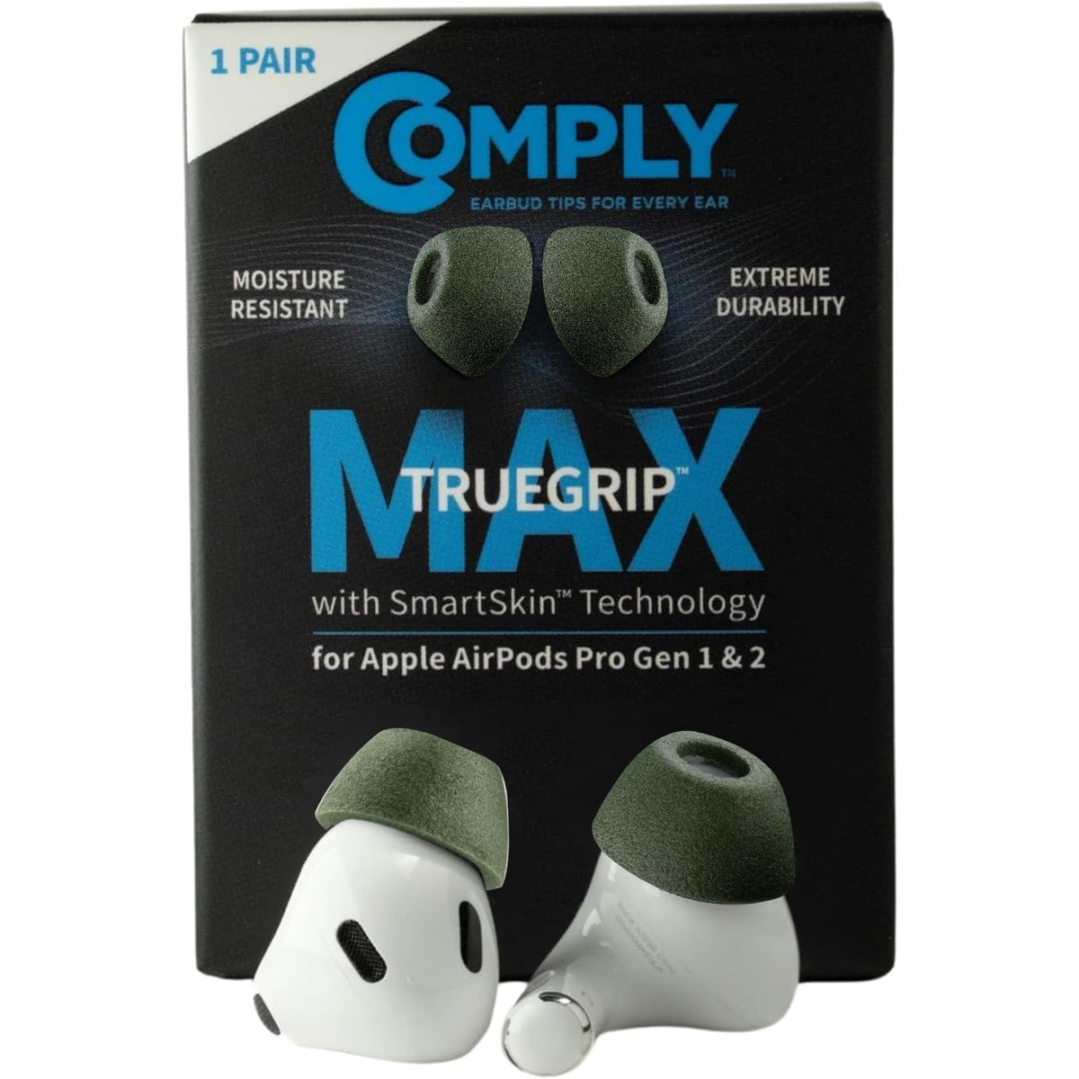 COMPLY TrueGrip MAX eartip green small close-up shows secure, comfortable fit.