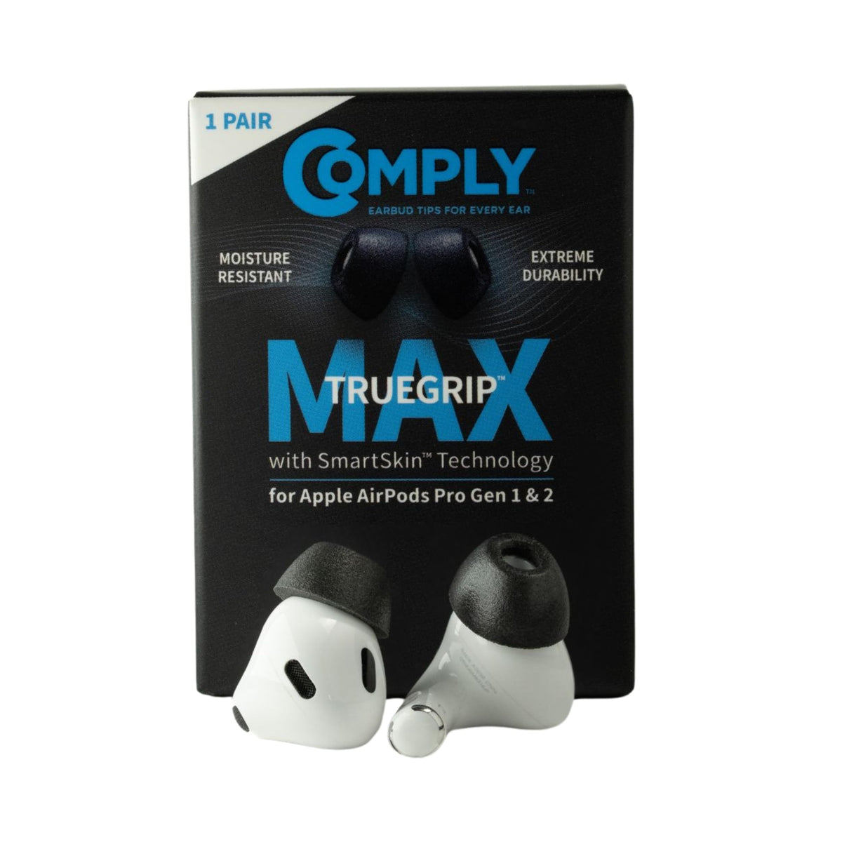 Comply TrueGrip Max foam-tip closeup shows extended comfort and snug seal.