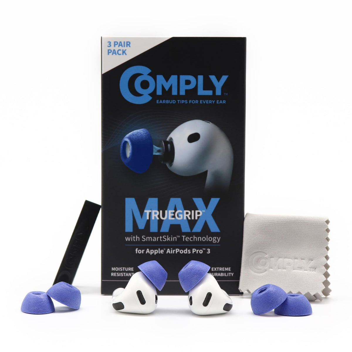COMPLY front packaging showing blue TrueGrip MAX offering durable comfort