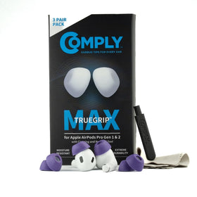 COMPLY packaging front view showing purple TrueGrip MAX tips and benefits