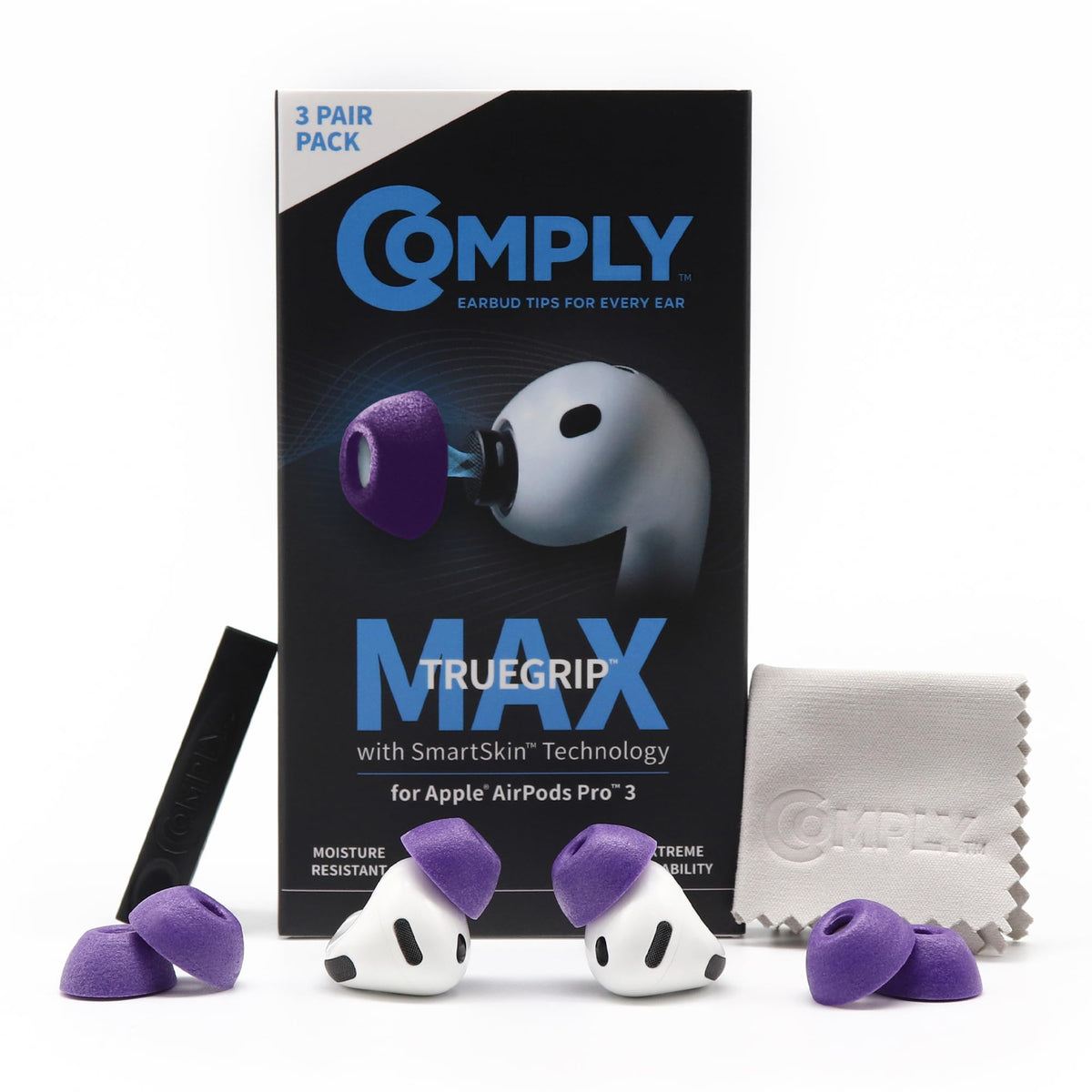 COMPLY front packaging showing purple TrueGrip MAX tips and benefits
