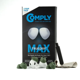 COMPLY TrueGrip MAX front packaging showing three green pairs and benefits