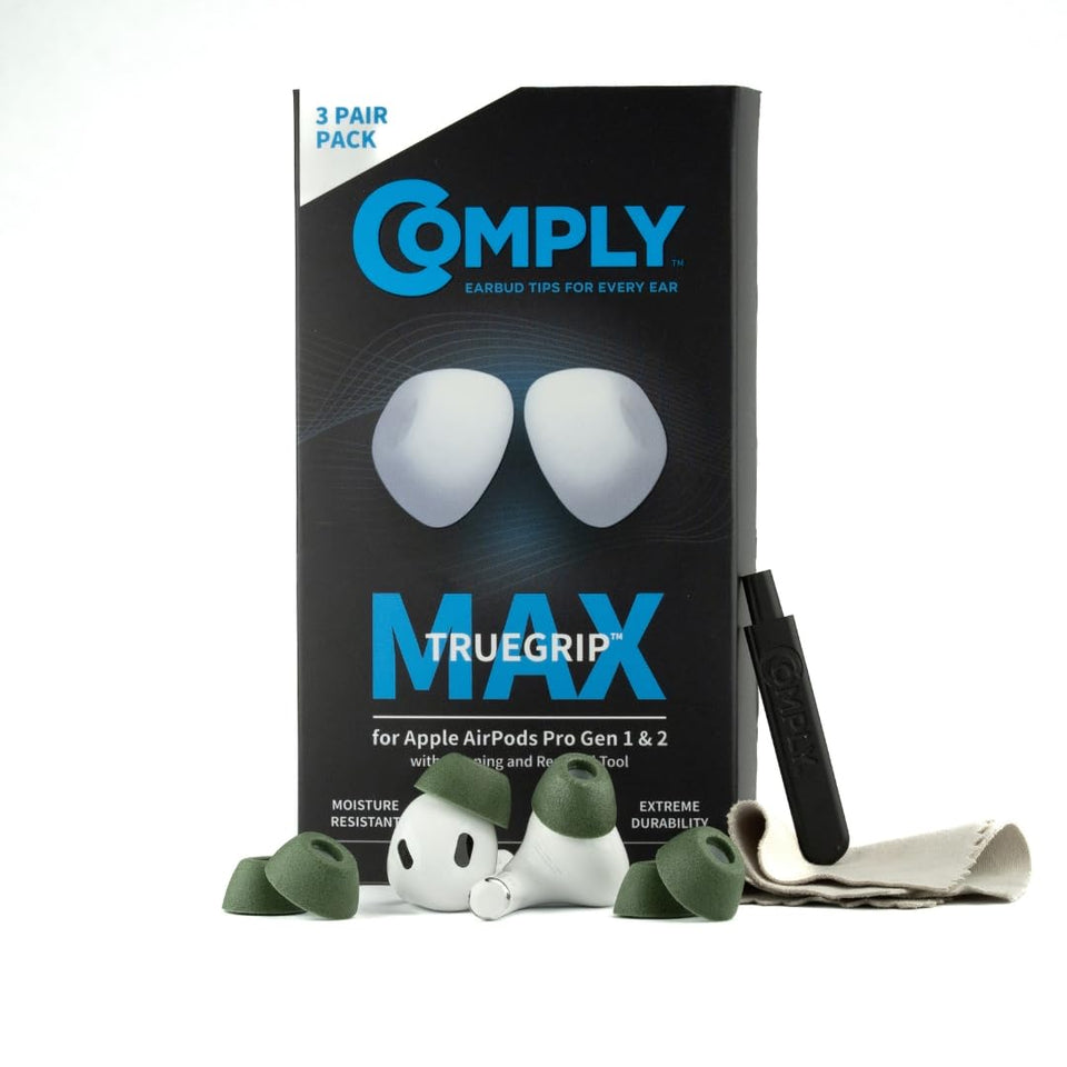 COMPLY TrueGrip MAX front packaging showing three green pairs and benefits