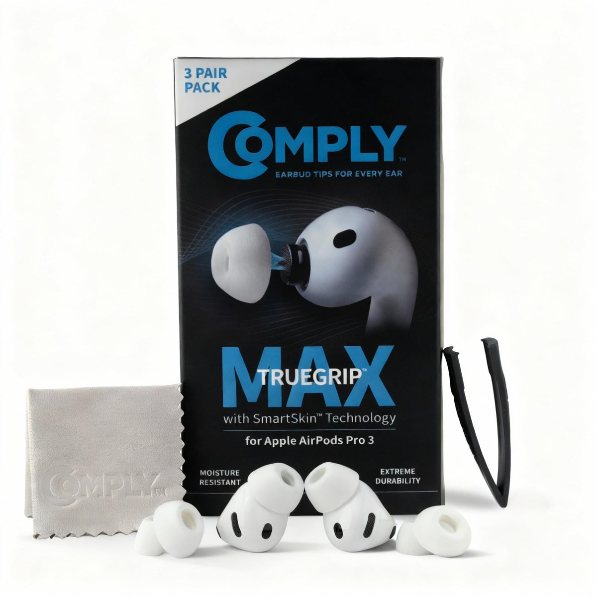 Comply TrueGrip MAX front packaging showing three pairs and brand for easy identification and value