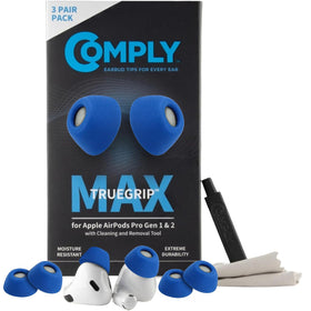 COMPLY TrueGrip MAX front packaging showing three small blue pairs and product benefits