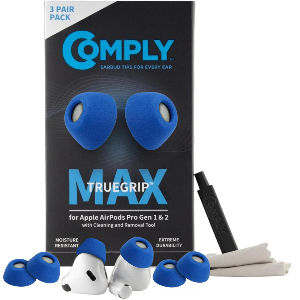 COMPLY TrueGrip MAX front packaging showing three small blue pairs and product benefits