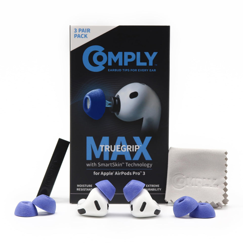 COMPLY TrueGrip MAX front view showing blue large pair and secure fit benefit