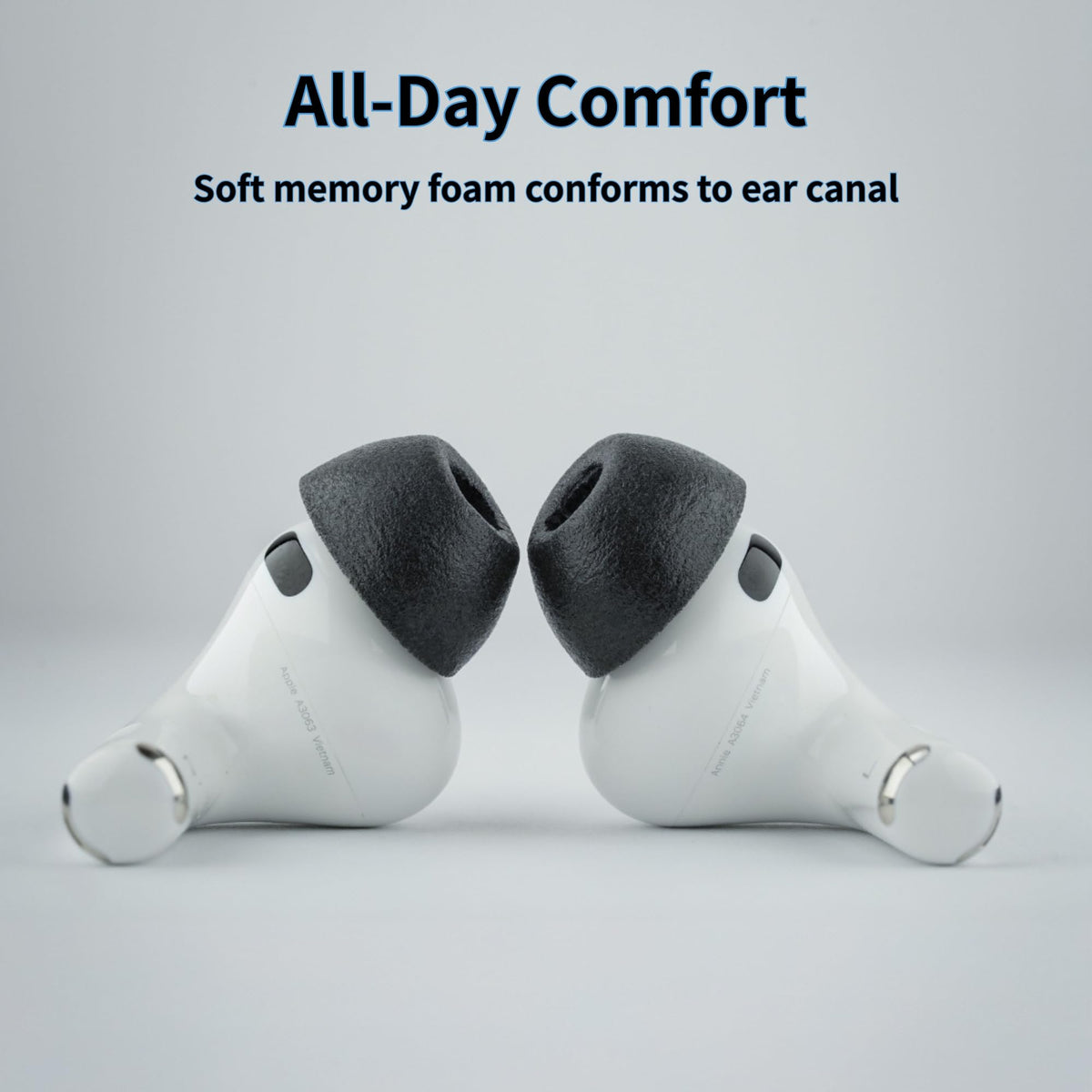 COMPLY tips installed on AirPods Pro Gen 3 demonstrating secure fit