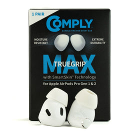Comply TrueGrip MAX memory foam tip close-up showing secure AirPods Pro fit.