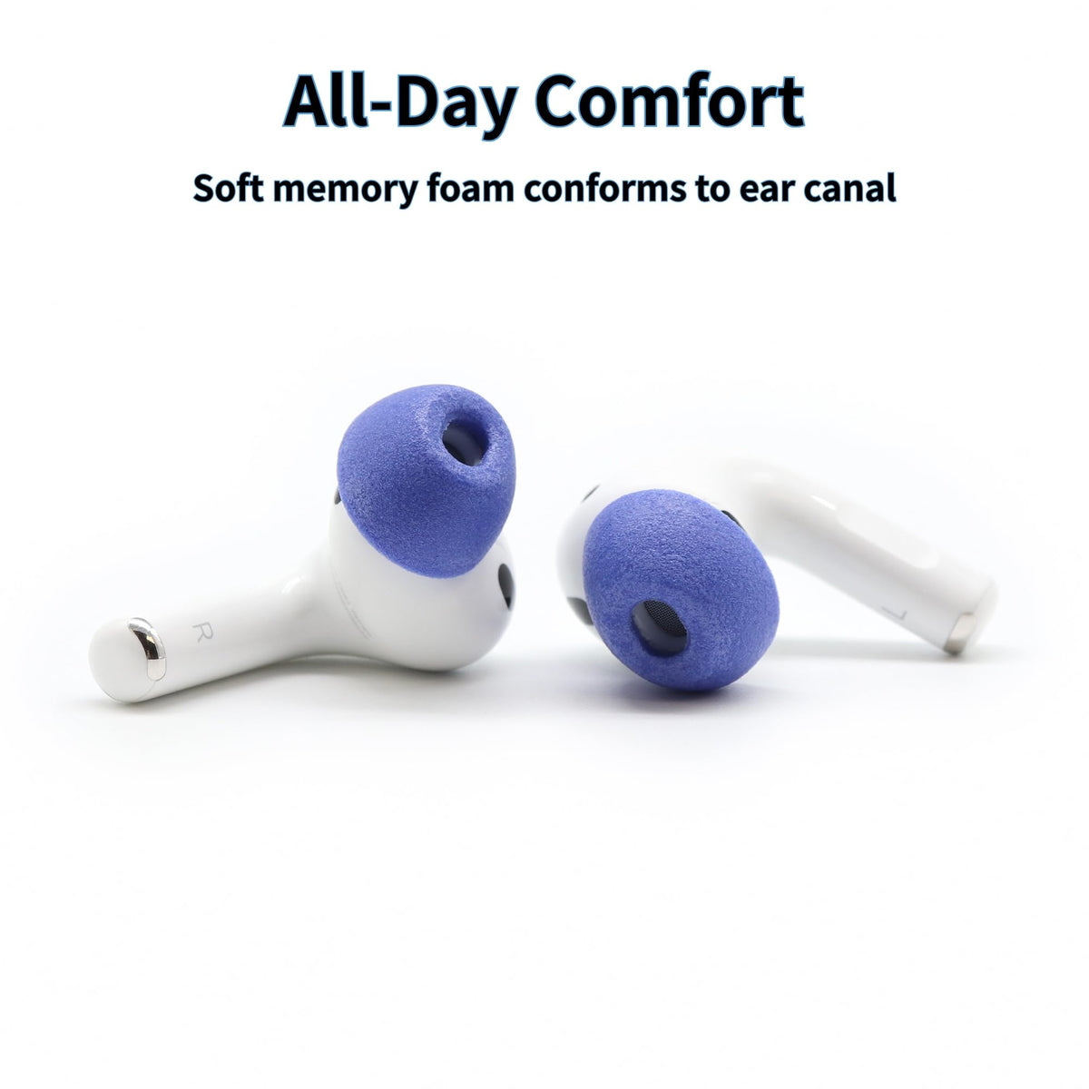 COMPLY tips mounted on AirPods Pro Gen 3 showing secure fit advantage