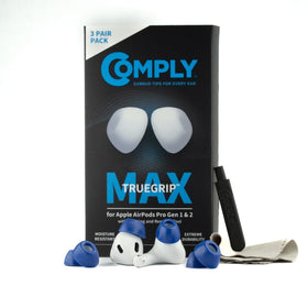 COMPLY packaging front view showing product and benefit of long-lasting fit