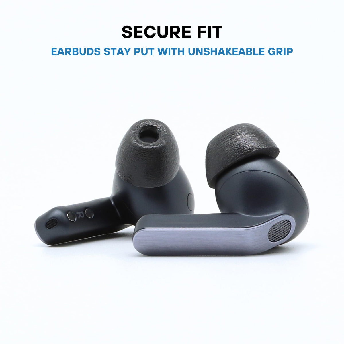 Closeup of Comply memory foam ear tip conforming to ear canal