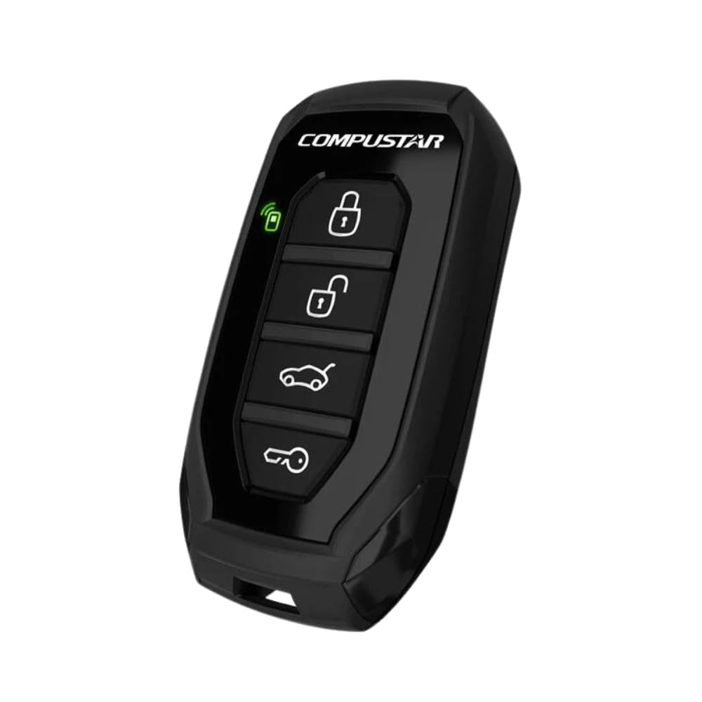 Compustar 1WG15R-FM remote buttons visible for easy distance control.