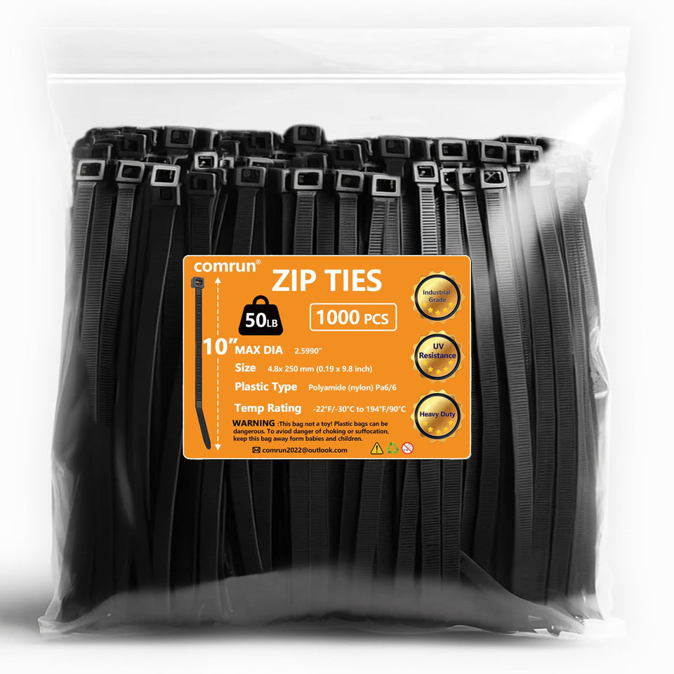 COMRUN 1000pc nylon cable ties for versatile organization and securing needs.