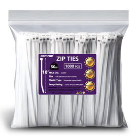 COMRUN 10-inch nylon zip tie securing cables for a tidy office setup
