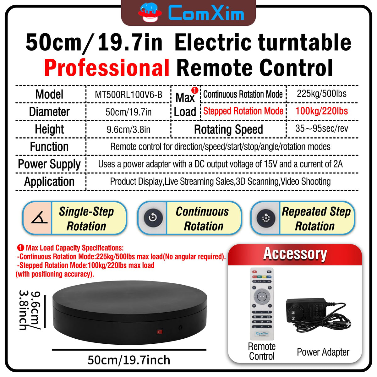 ComXim remote turntable 50cm side panel shows rugged construction for heavy displays.