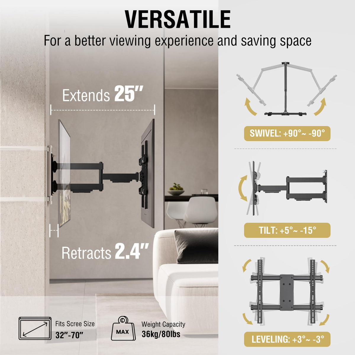 CondoMounts full-motion swivel enables precise angle adjustments