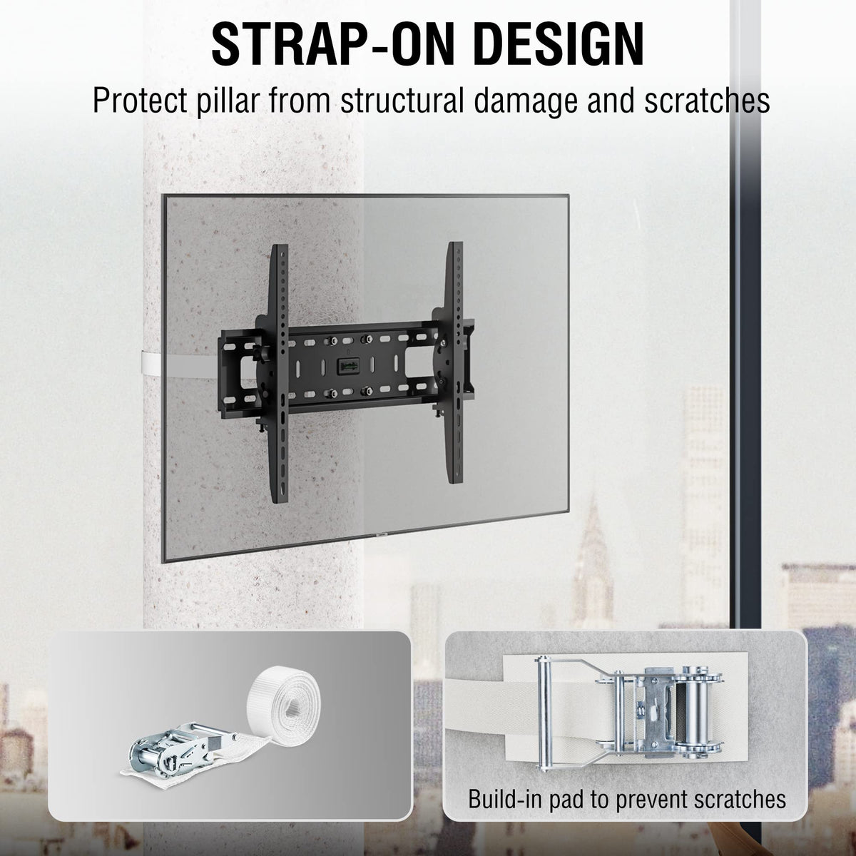 CondoMounts heavy-duty polymer straps secure the mount with strength.