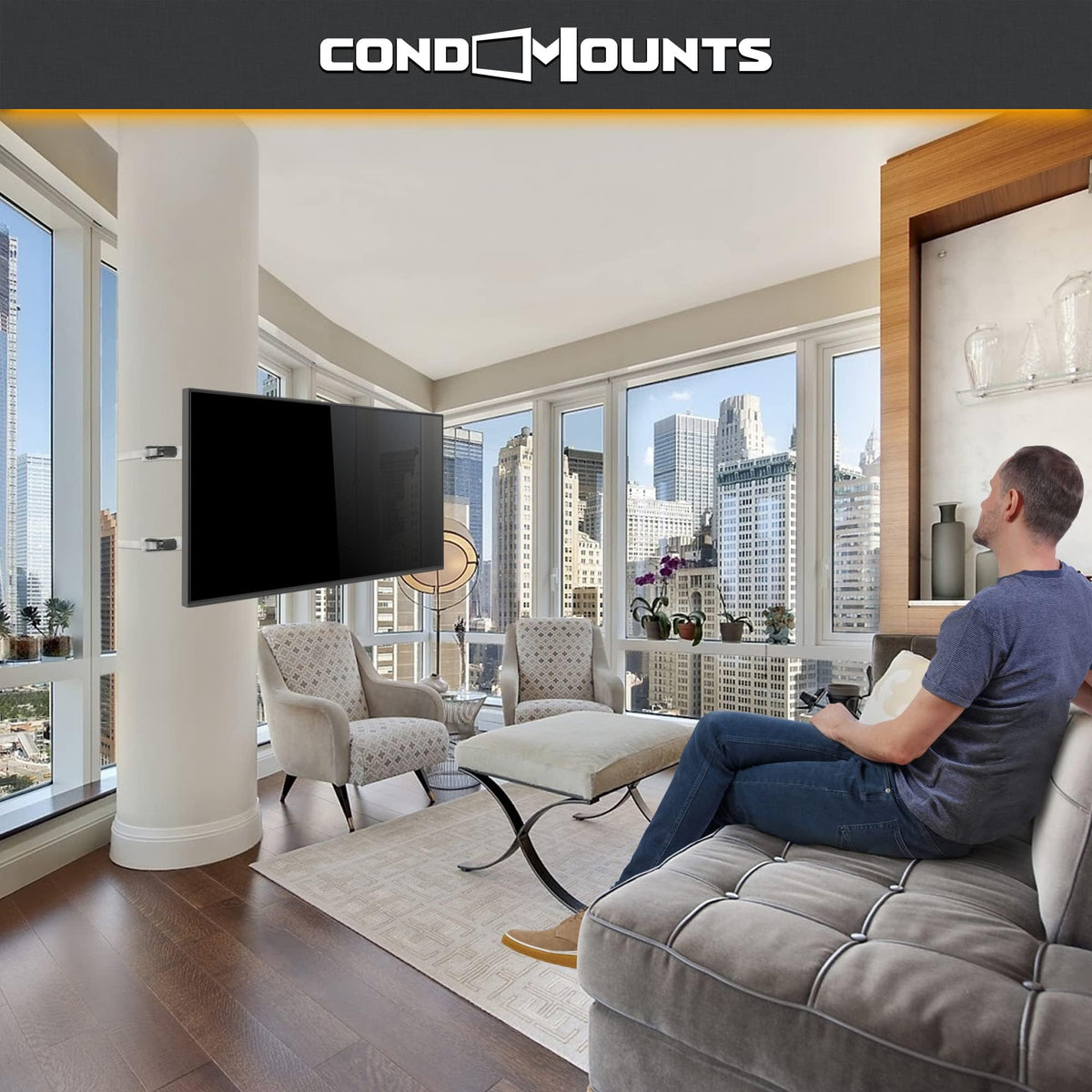 CondoMounts no-drill installation on columns for condo-friendly setups.