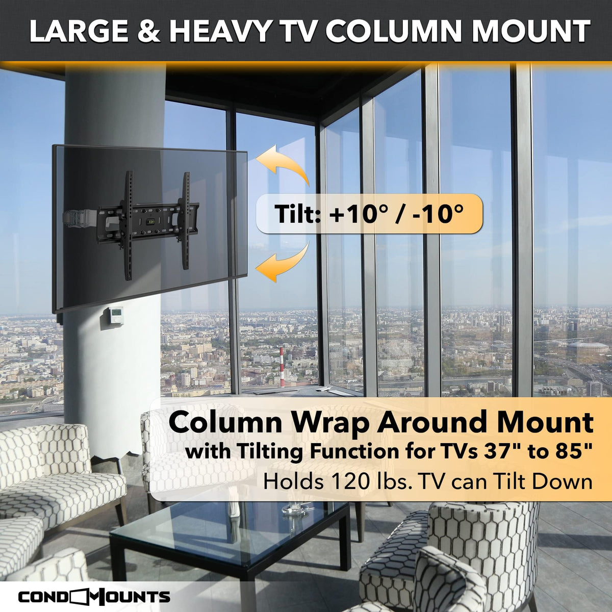 CondoMounts versatile tilt setup supports 37-85 inch TVs for outdoor gazebos.