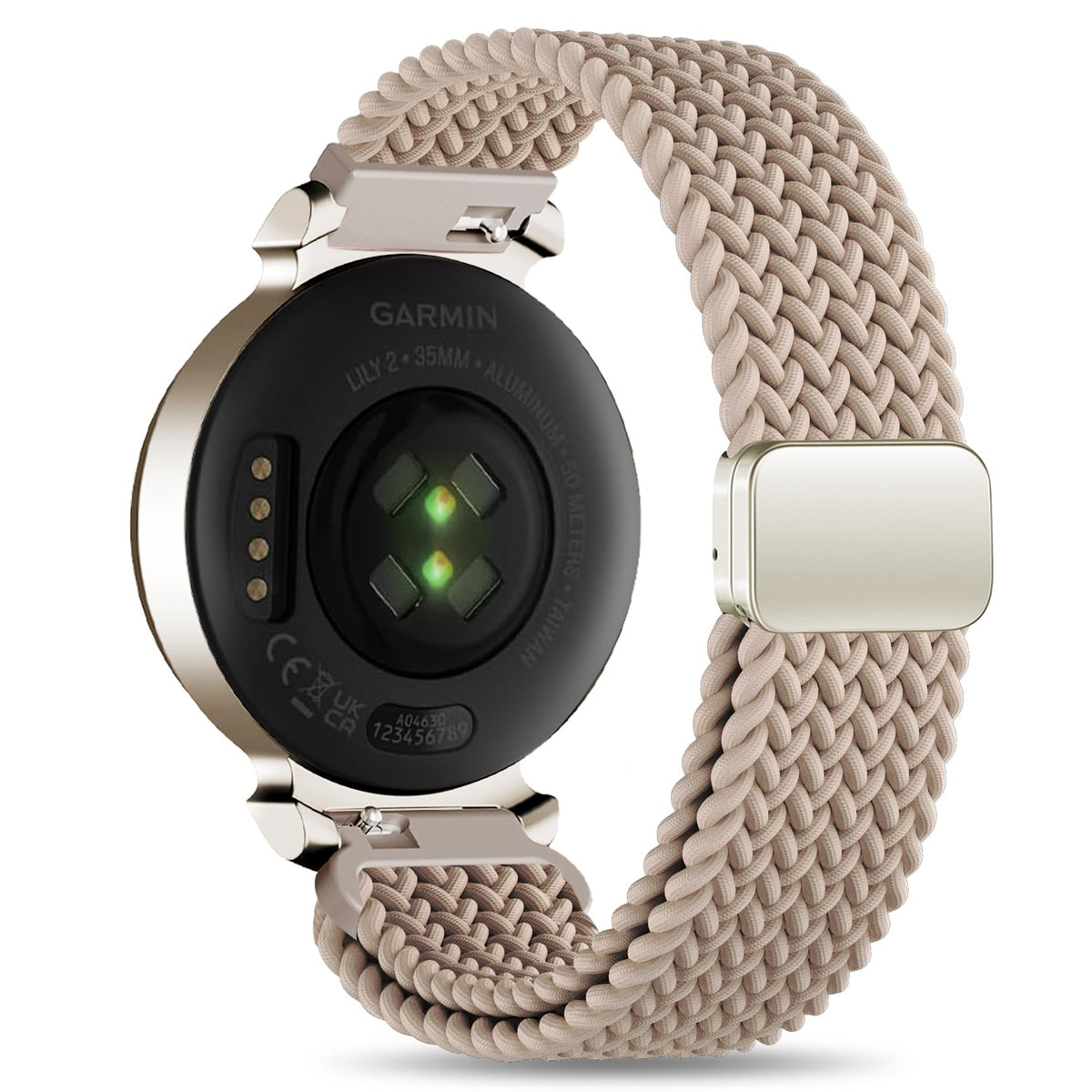 Conidido stretchy nylon strap with magnetic clasp on Lily 2 demonstrates secure, adjustable wear.