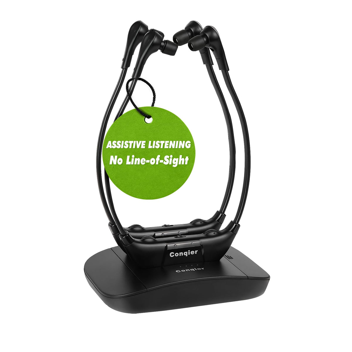 Conqier dual wireless headphones worn on ears for crystal-clear TV dialogue.