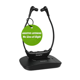 Conqier TV headphones demonstrating 164ft range for room-to-room listening
