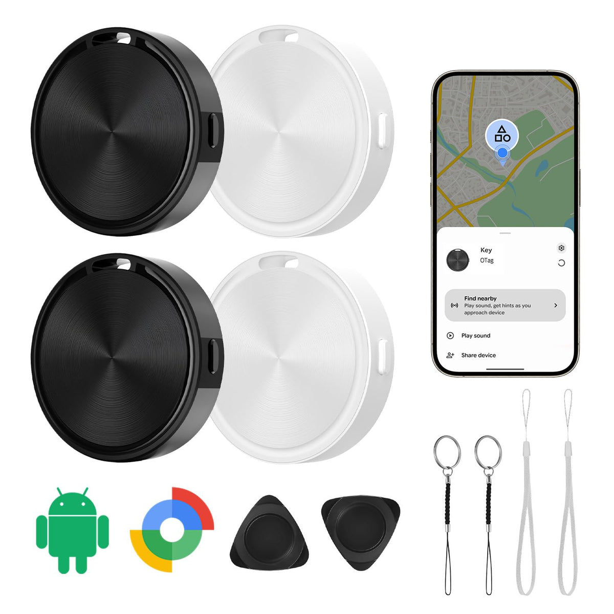 CooAoo Android tracker tag near phone enables quick pairing and locating items.