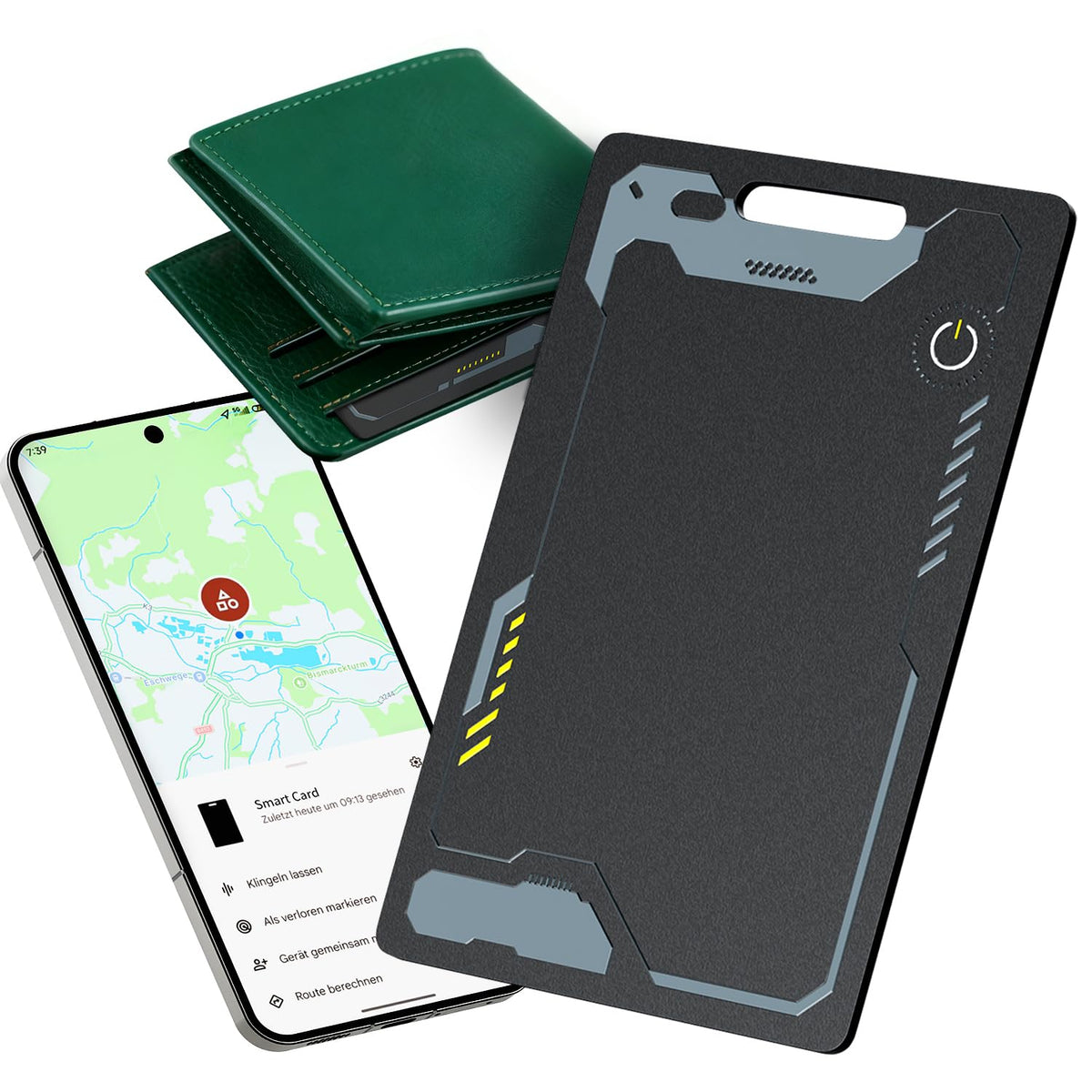 CooAoo front view showing slim black tracker and clear branding, easy identification benefit