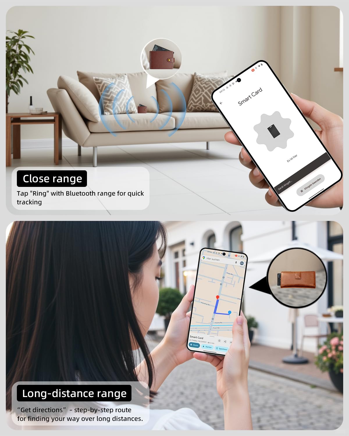CooAoo card placed in luggage pocket showing travel-ready tracking benefit