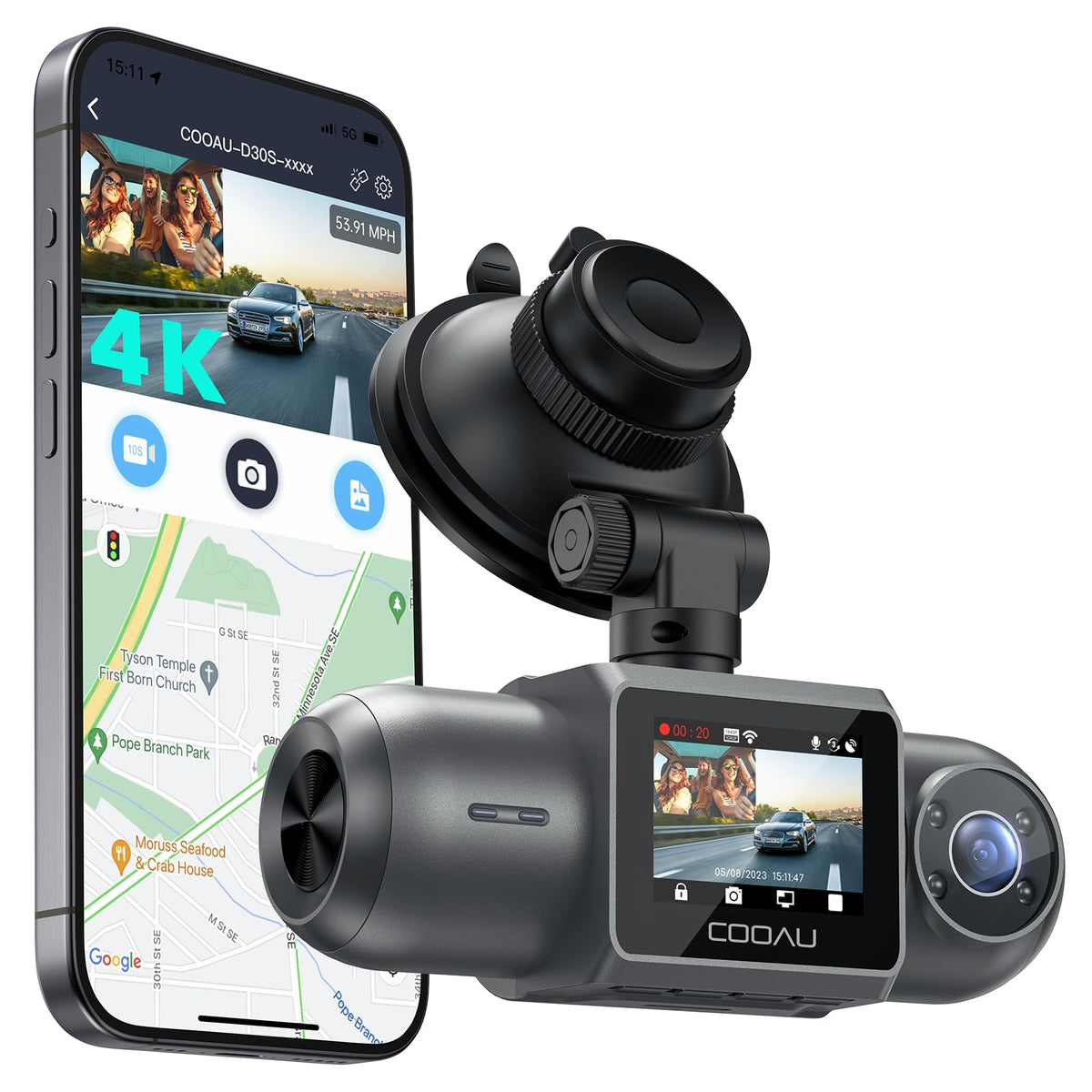 COOAU D30S front 4K camera captures road signs and plates clearly for evidence.
