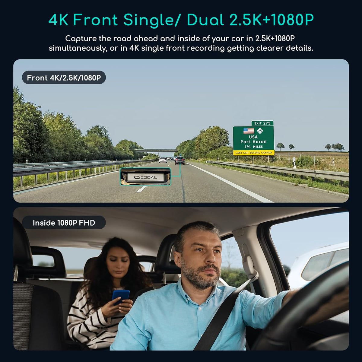 COOAU D30S cabin camera records inside the car for passenger safety.