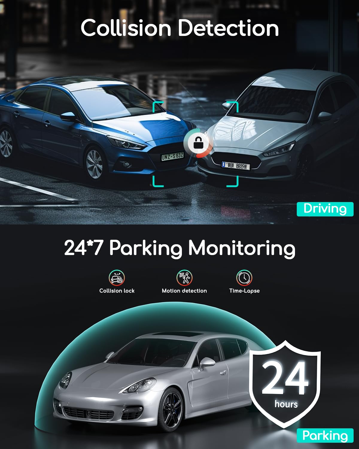 COOAU dash cam installation options with suction and adhesive.