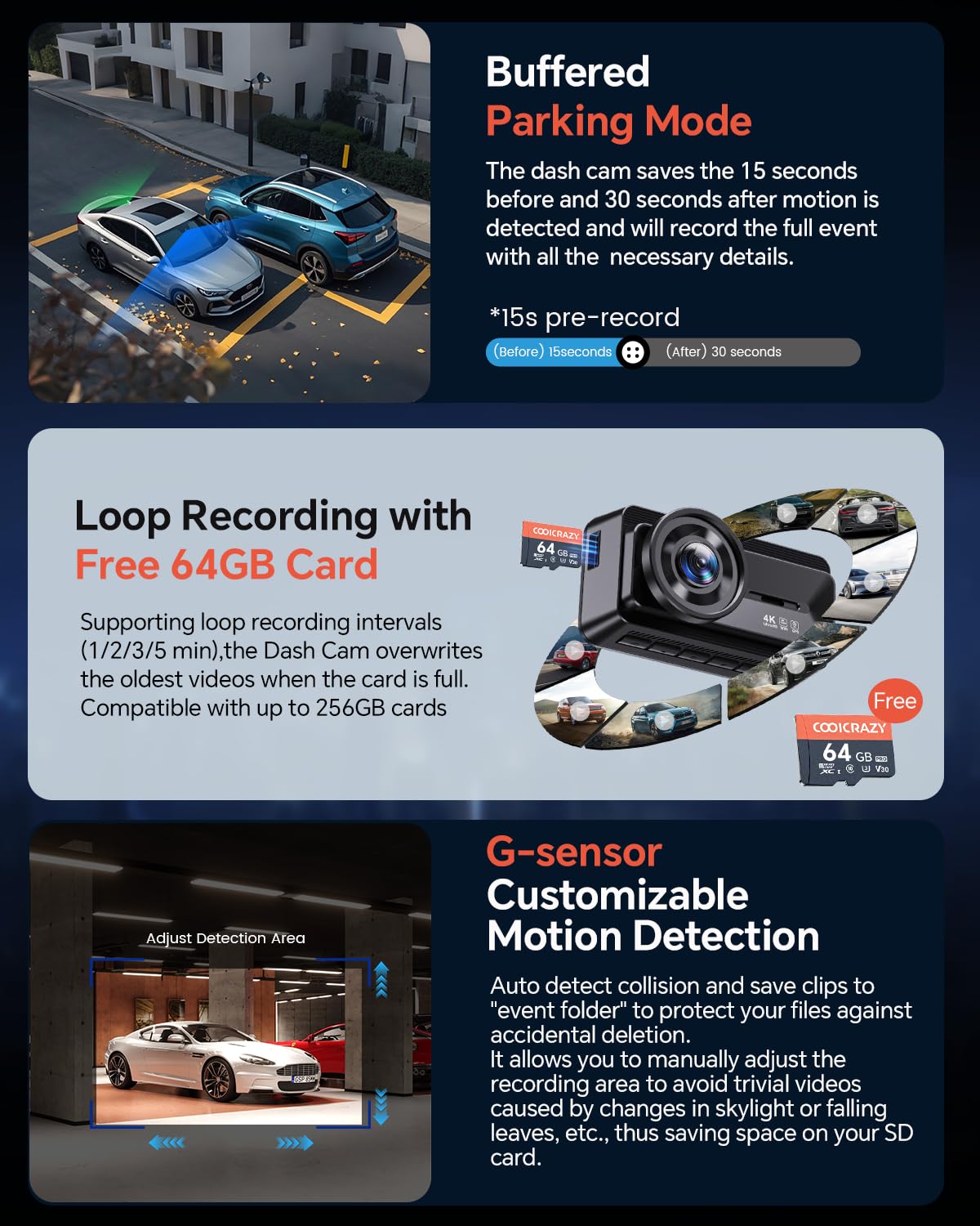 COOLCRAZY dashcam parking mode protects footage during parking with automatic lock