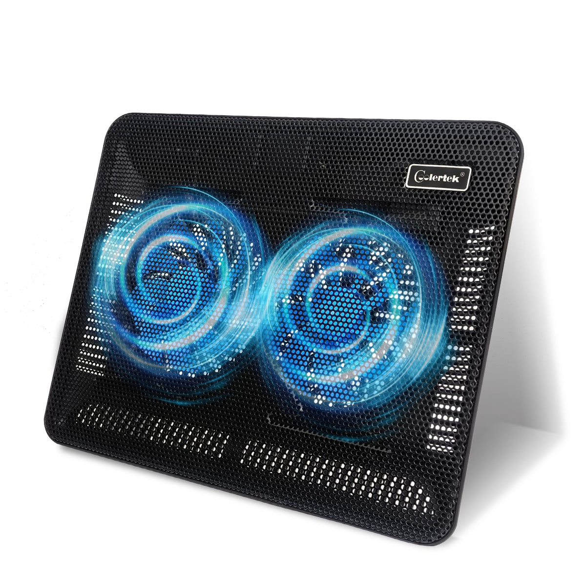 Coolertek laptop cooling pad front view showing slim, portable profile for on-the-go use.