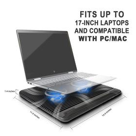 Coolertek beside a ruler for scale, demonstrates compatibility with 11–17 inch laptops